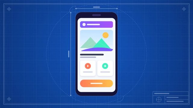 Mobile App Development Blueprint Animation - Wireframe Sketch Becomes Colorful UI Design, Code Typing, Bug Testing and Rocket Launch on Technical Drawing Grid
