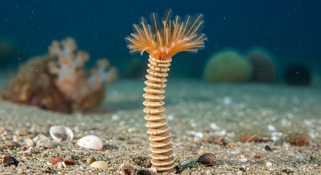 Marine tube worm with feathery crown on sandy seabed during shallow water exploration