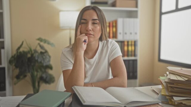 Woman holding pen to chin over open book at a desk in a building study space surrounded by notebooks, folders and a lamp; pensive focus.