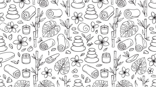 Hand drawn spa and wellness seamless pattern vector illustration with stones candles towels and tropical leaves