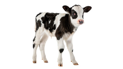 Cute small black and white domestic calf baby cow standing farm animal isolated on transparent background. © S-Vega