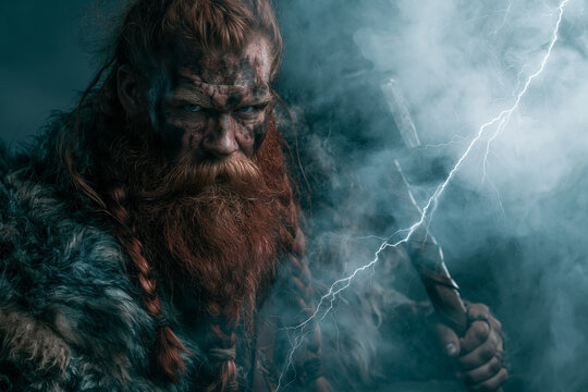 Thor Aesir Norse god emerging through storm smoke gripping Mjolnir with commanding gaze and supernatural thunder power