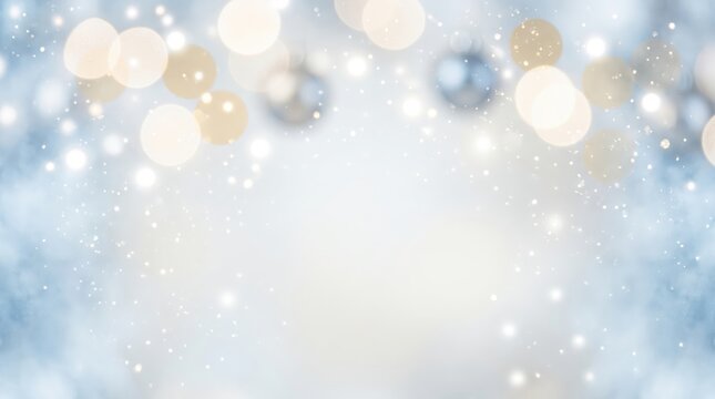 A serene christmas winter celebration is beautifully captured with blurred bokeh lights, gently falling snow, and subtle ornaments creating a festive backdrop.