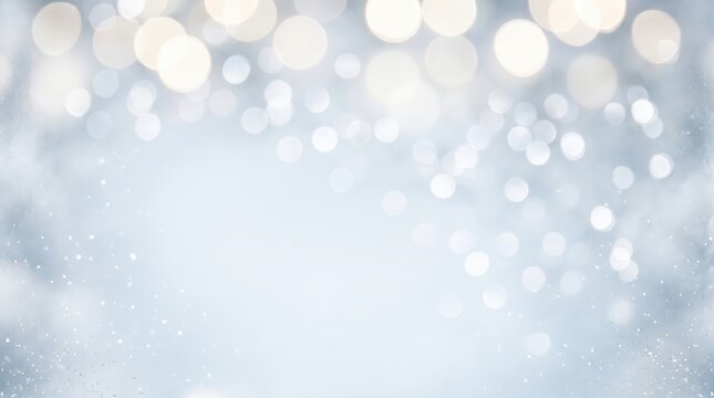 A shimmering christmas winter wonderland background with soft focus bokeh lights and sparkling glitter particles, creating a serene and celebratory festive atmosphere.