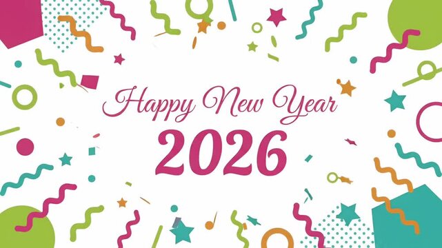 Happy New Year 2026 celebration greeting card with confetti, 2d motion graphic background
