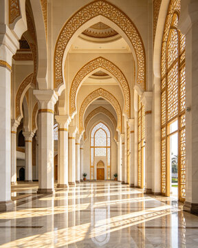 Modern mosque interior with geometric arches and sunlight patterns on marble floor, no people
