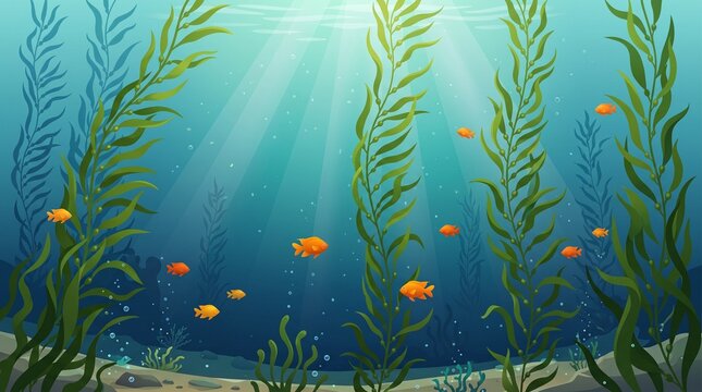 Kelp forest with orange fish is a vibrant vector illustration