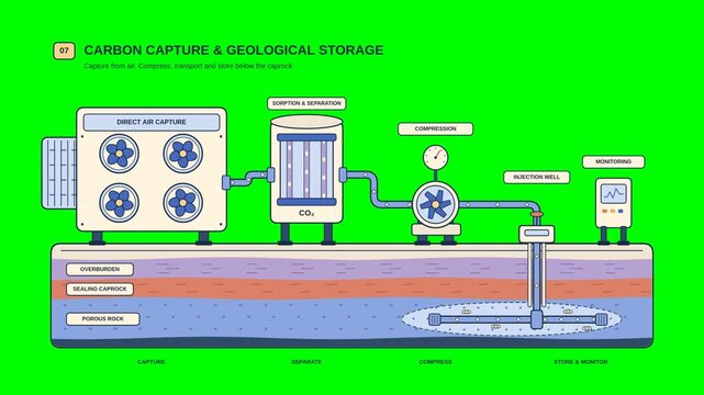 Carbon capture and geological storage animation with CO2 capture, pipelines and underground sequestration on Background Green Screen for chroma key climate technology and decarbonization