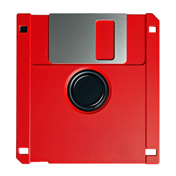 Red floppy disk isolated on transparent background, retro computer technology and data storage concept.
