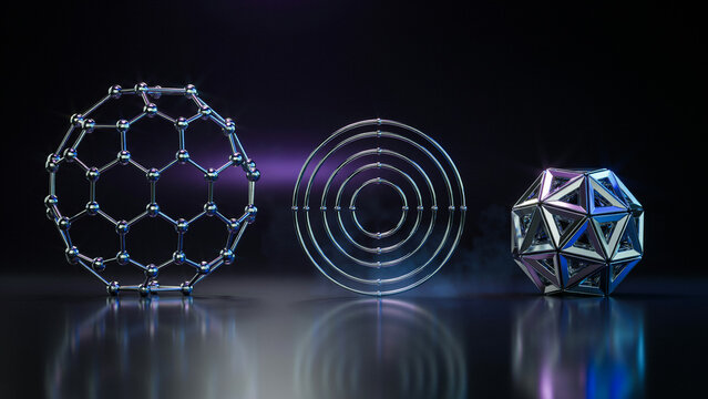 Three complex geometric structures including a molecular lattice, concentric rings, and a faceted polyhedral sphere on a reflective dark surface