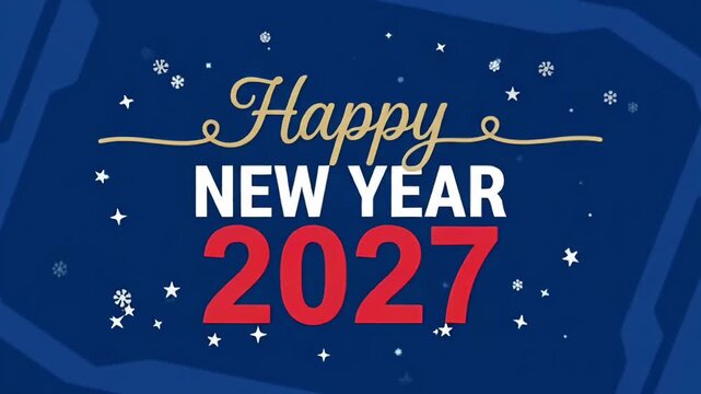 Happy New Year 2027 greeting card with snow star, motion graphic background loop

