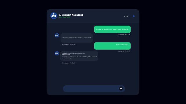 AI customer support chat resolving order inquiry animation featuring automated virtual assistant dialog