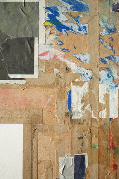 Rustic Grunge Wooden Board Surface Texture with Peeled Random Shape Torn Paper Collage