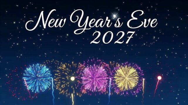 New Year 2027 firework celebration party in starry night sky, holiday motion graphic background
