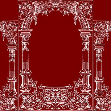 Intricate white vintage architectural arch frame with decorative floral carvings on deep red background, ornate baroque classical pillar border vector.