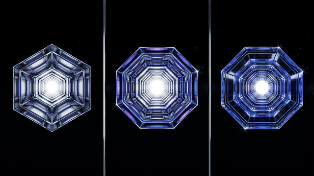 Three hexagonal and octagonal glass tunnels with glowing white light centers, arranged side by side against a solid black background setting
