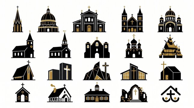 Collection of diverse church and temple icons in black and gold designs.