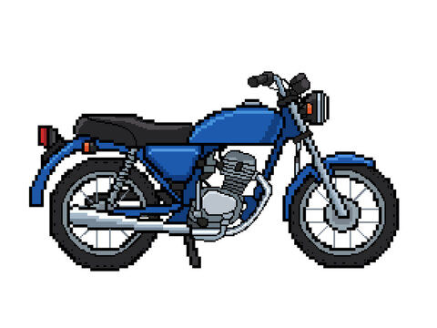 Blue motor sports bike retro pixel art illustration