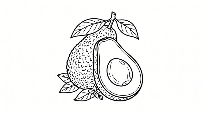 Avocado fruit outline vector illustration, whole avocado with sliced half showing seed and green leaves isolated on white background