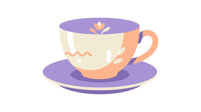 Lavender teacup and saucer with floral pattern vector illustration.
