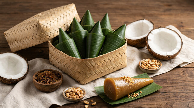 Basket of traditional banana leaf wrapped Filipino rice cakes arranged with coconut, brown sugar, and peanuts