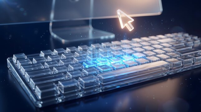 Transparent glass keyboard glows blue. Orange cursor arrow points across computer screen. Digital interface typing technology concept
