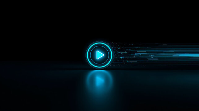 Modern glowing play button with futuristic digital light trail effect design