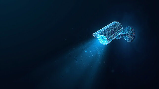 Modern surveillance camera emitting blue light beam in futuristic digital illustration style