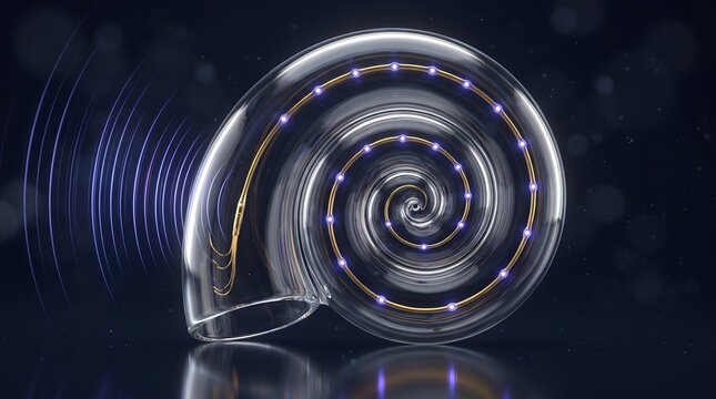 Cochlear implant restores hearing through spiral cochlea. Glowing sound waves enter transparent inner ear. Medical auditory technology healthcare concept
