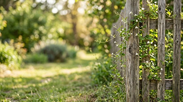 A sunlit garden path winds through lush blurred greenery alongside a charming rustic wooden fence establishing a tranquil and peaceful outdoor atmosphere