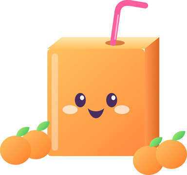 Cute Orange Juice Box Character with Fresh Oranges, Kawaii Food Vector