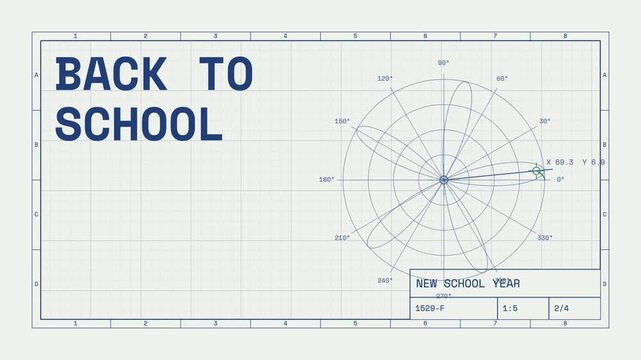 Three pale grid panels carry large navy Back to School lettering beside circular angle plots with curved lines, coordinate labels, and small title blocks