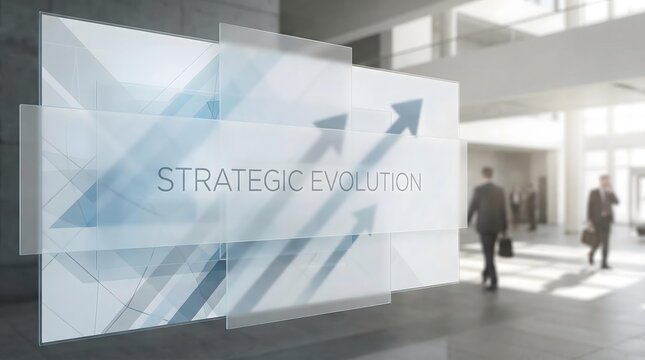 Abstract Digital Transformation Layer Architecture Business Vision Concept with Strategic Evolution Text on Glass Panels in Modern Office Environment with Blurred Businesspeople and Arrows