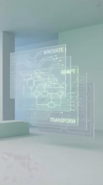 Abstract Digital Transformation Layer Architecture Futuristic Holographic Interface Display with Innovate, Adapt, Transform Concepts in Minimalist Interior Setting