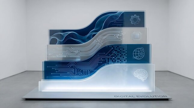 Abstract Digital Transformation Layer Architecture Futuristic Digital Evolution Display with Circuit Patterns and Neural Network Imagery in Minimalist Gallery