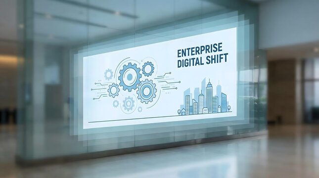 Abstract Digital Transformation Layer Architecture Futuristic Office Display Showcasing Enterprise Digital Transformation with Industrial City Gears