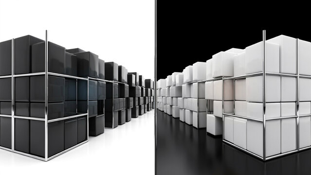 A grid of stacked cubes held within a metallic frame structure, presented in a split view with black cubes on white and white cubes on black
