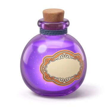 Cute 3D Magic Purple Potion Bottle Liquid Elixir Isolated on White Background
