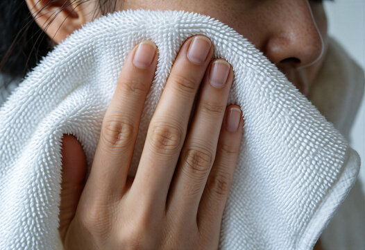 A hand using a towel to wipe sweat from a face (face out of frame), macro