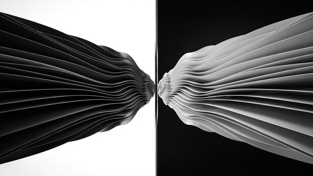 Abstract 3d rendering of parallel flowing ribbons or layers in black and white, creating a symmetrical tunnel effect with deep perspective depth