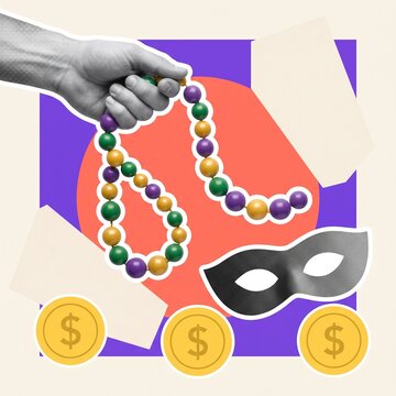 Mardi Gras collage with person throwing colorful beads, carnival mask and gold doubloons, festive New Orleans celebration concept with traditional parade symbols