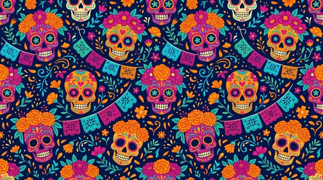 Sugar skulls with floral crowns and colorful papel picado on dark blue background