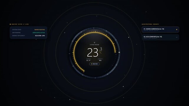 Modern smart home climate control system with digital thermostat interface managing dynamic room temperature settings.