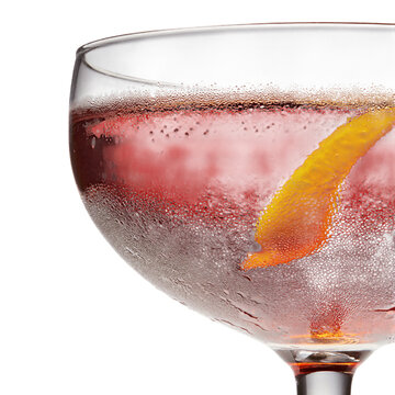 Martinez cocktail clear russet amber liquid with sweet vermouth maraschino liqueur and Angostura bitters in chilled coupe glass isolated on transparent background