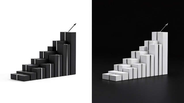 Split screen showing a bar chart staircase with an upward arrow in black on a white background, and white on, a black background, with silver edges