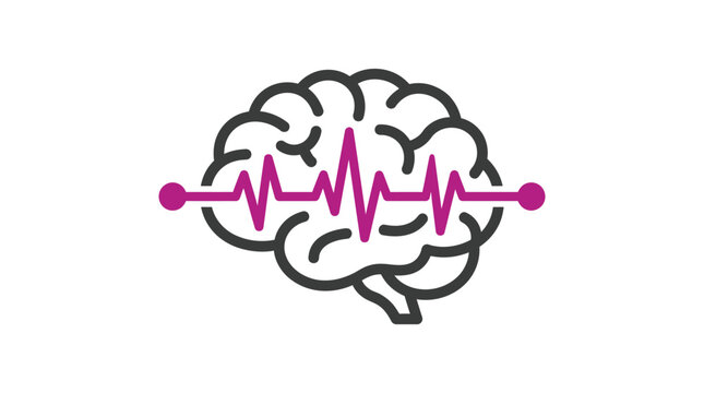 Human brain outline vector illustration with a colorful purple pulse wave crossing through the center