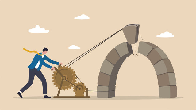 Businessman rotating mechanical gear crank to align stone arch keystone, flat vector illustration of structural engineering and precision teamwork