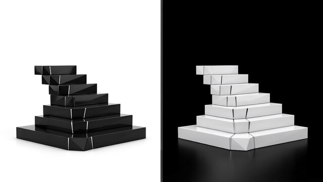 Stepped pyramid structure with square levels, split screen with black and white backgrounds, 3d rendered minimalist geometric composition