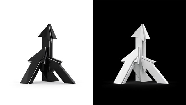 Three 3d arrows pointing upward, black arrows on white background, and white arrows, on black background, business growth and, synergy concept