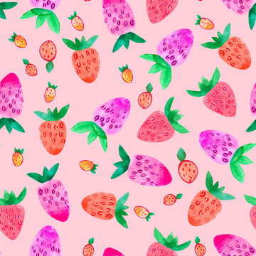 Seamless pattern with strawberries on pink background